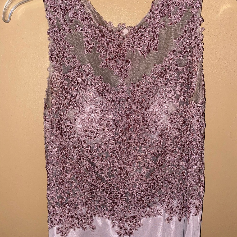 Dusty purple or lilac colored floor length dress